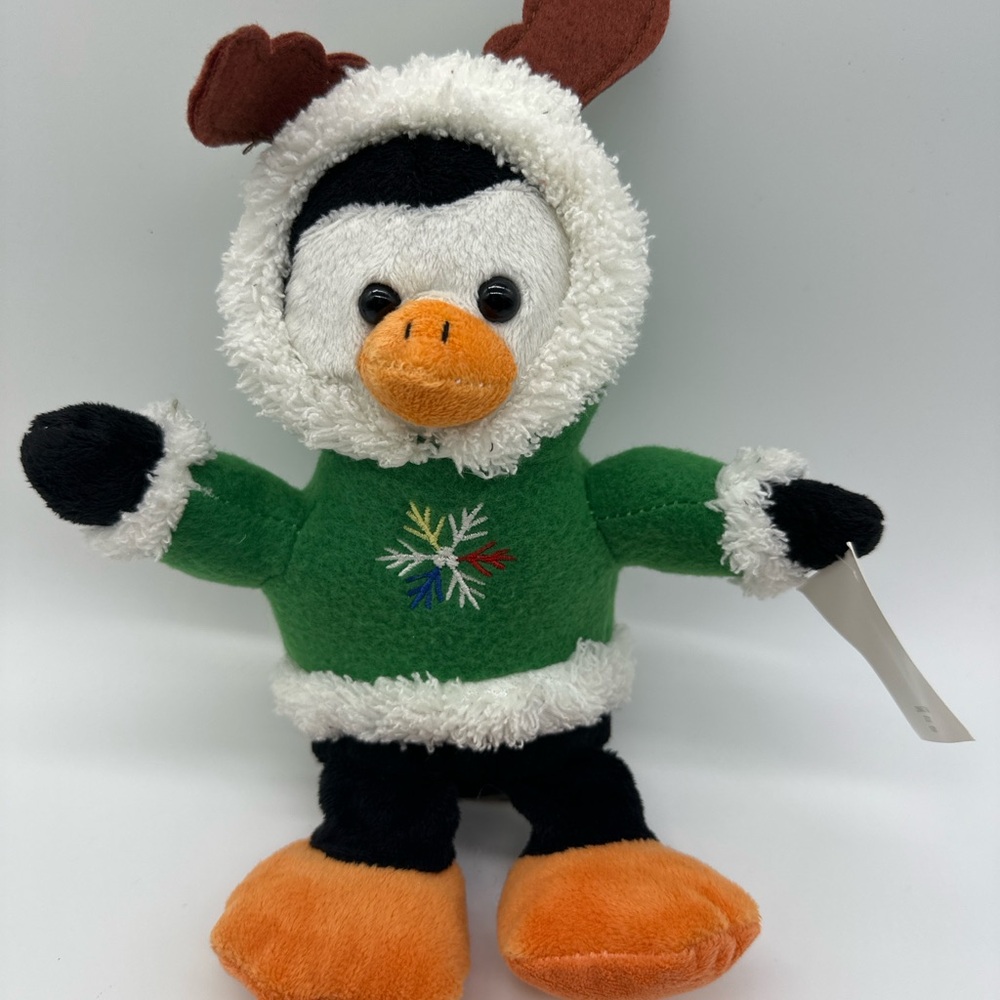 Festive Penguin Plushie in Green Hoodie with Snowflake Detail
